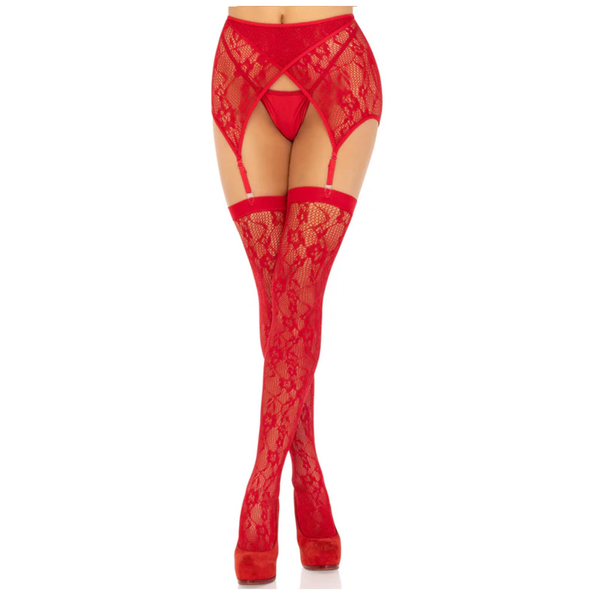 Leg Avenue Lace Thigh Highs And Garterbelt Red, röda spetslårstrumpor med strumpeband
