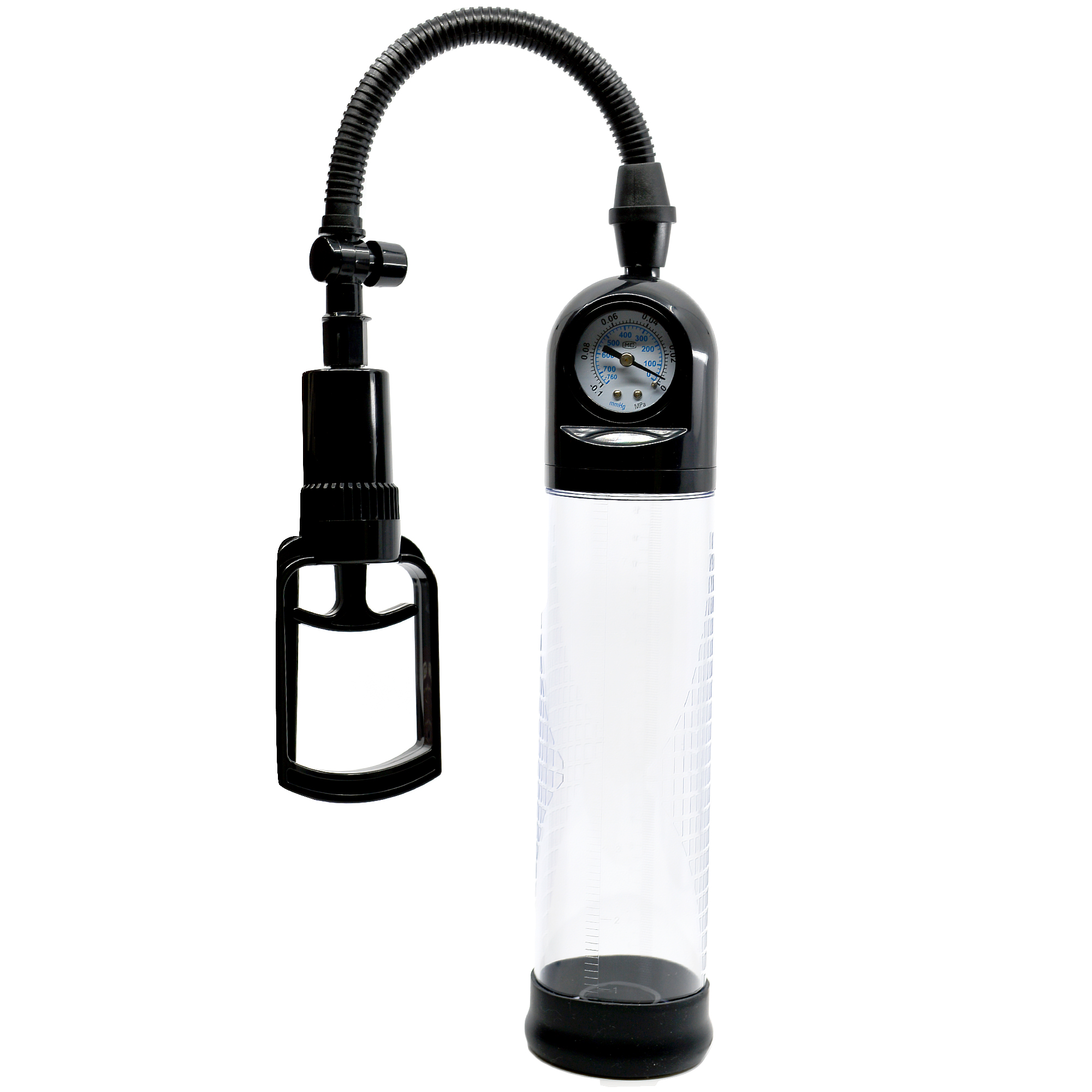 PowerUp Penis Gauge Pump från P Pumps, transparent cylinder med mätskala och pumphandtag
