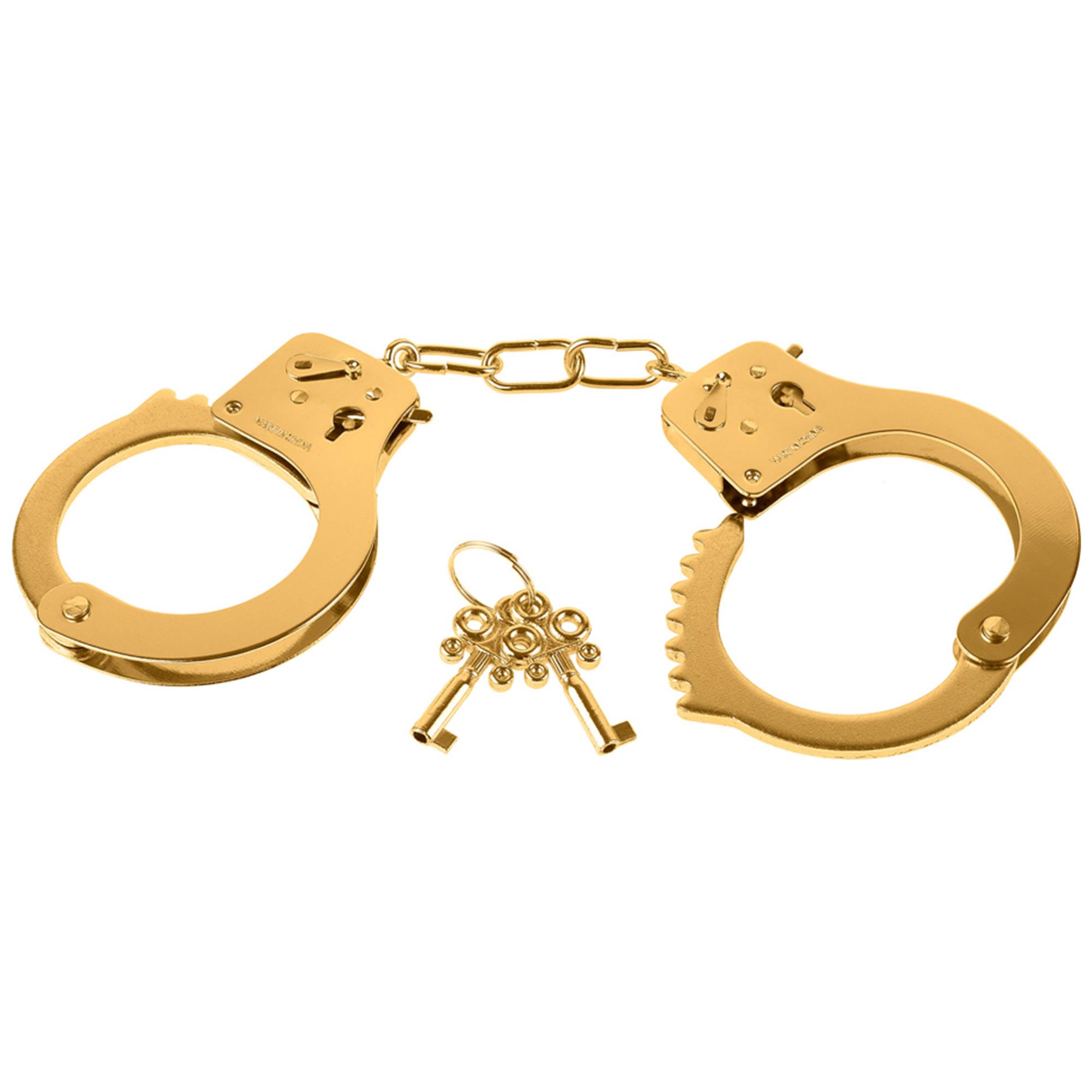 FF Gold Cuffs guldpläterade metallhandbojor från Fetish Fantasy med kronnycklar