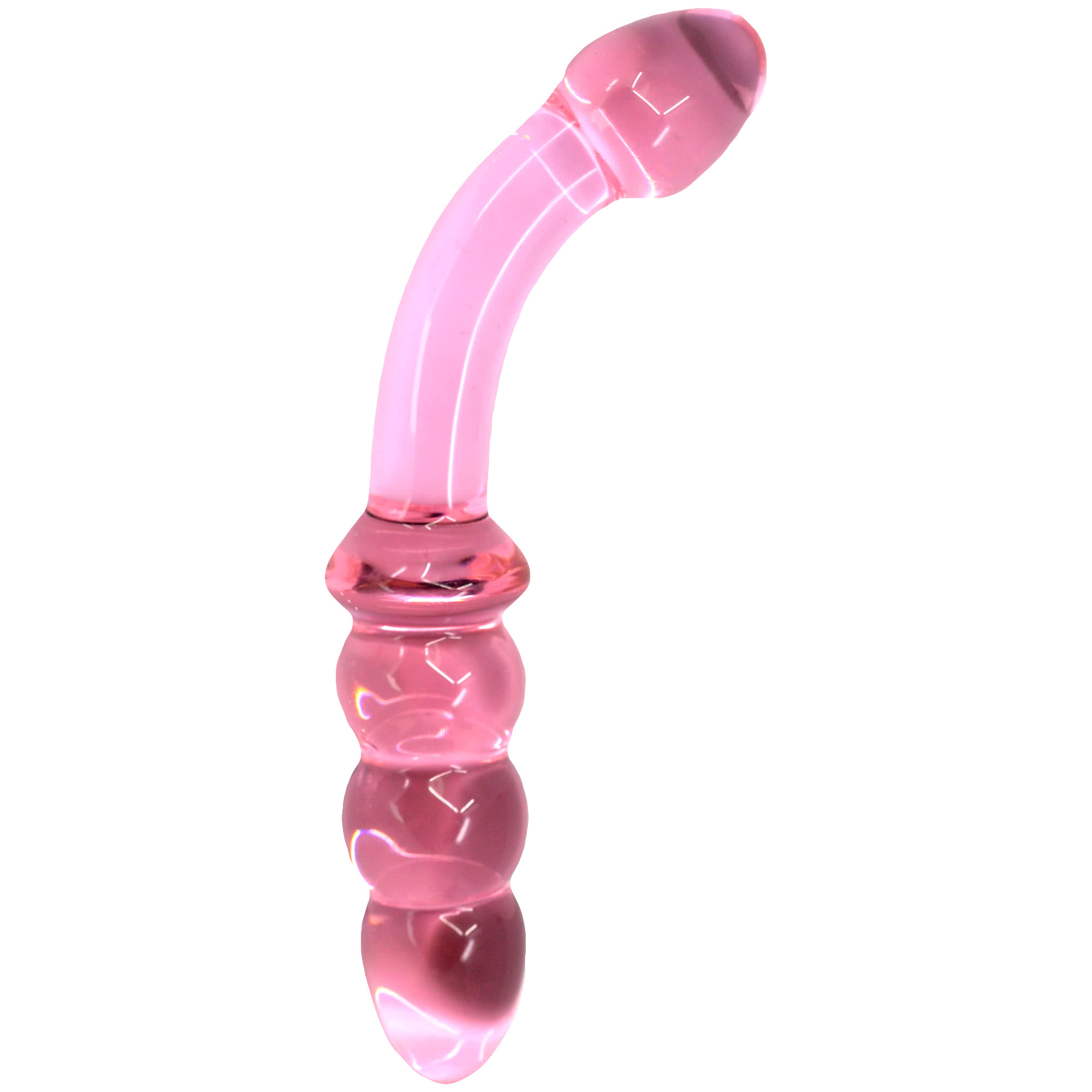 Glassy Rose Bubble G-spot glasdildo i rosa, dubbelsidig med G-punktsböj och bubblor