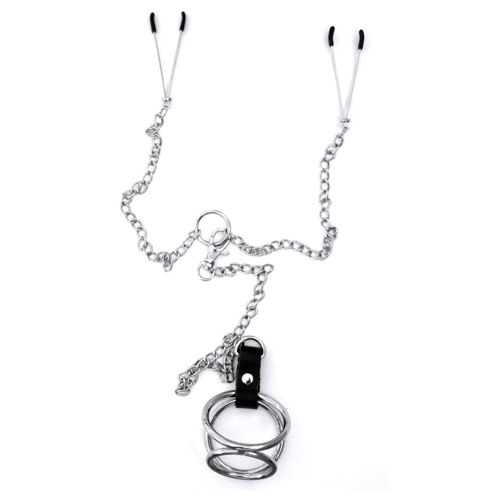 Cave Master Nipple Clamps w. Cock Ring i stål med kedjor och justerbara bröstvårtsklämmer
