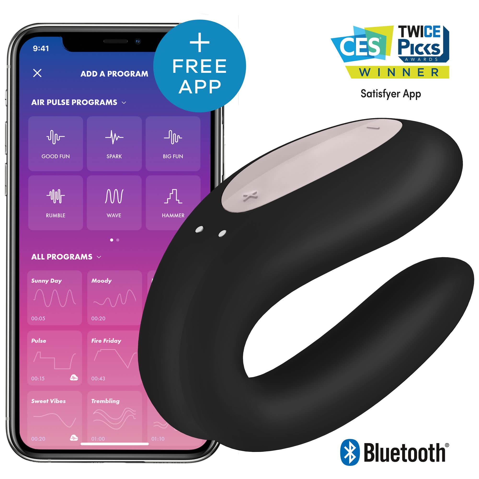 Satisfyer Double Joy Couples Vibrator Black, sedd framifrån mot vit bakgrund