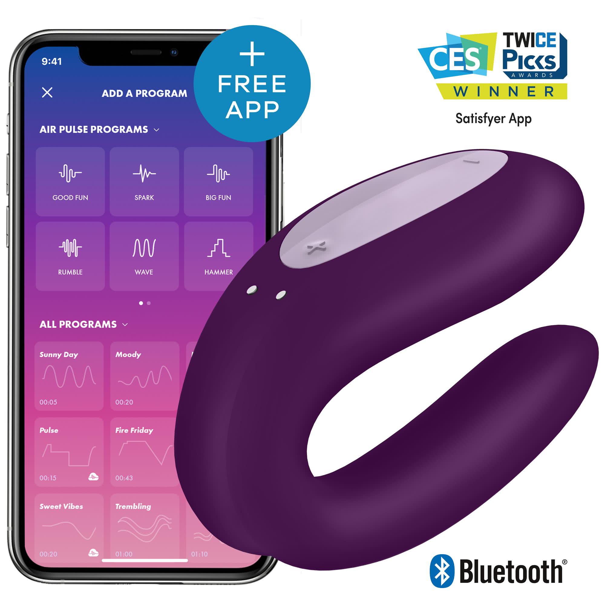 Satisfyer Double Joy Couples Vibrator Violet, sedd framifrån mot vit bakgrund