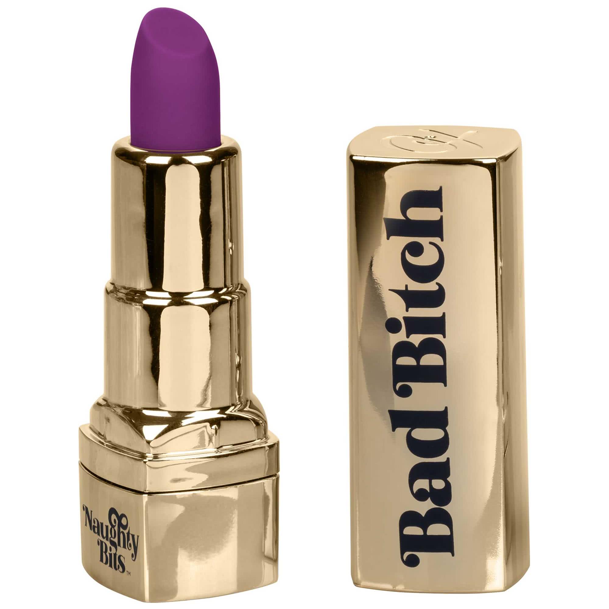 Bad Bitch Lipstick Vibrator i guld och lila silikon formgiven som ett läppstift