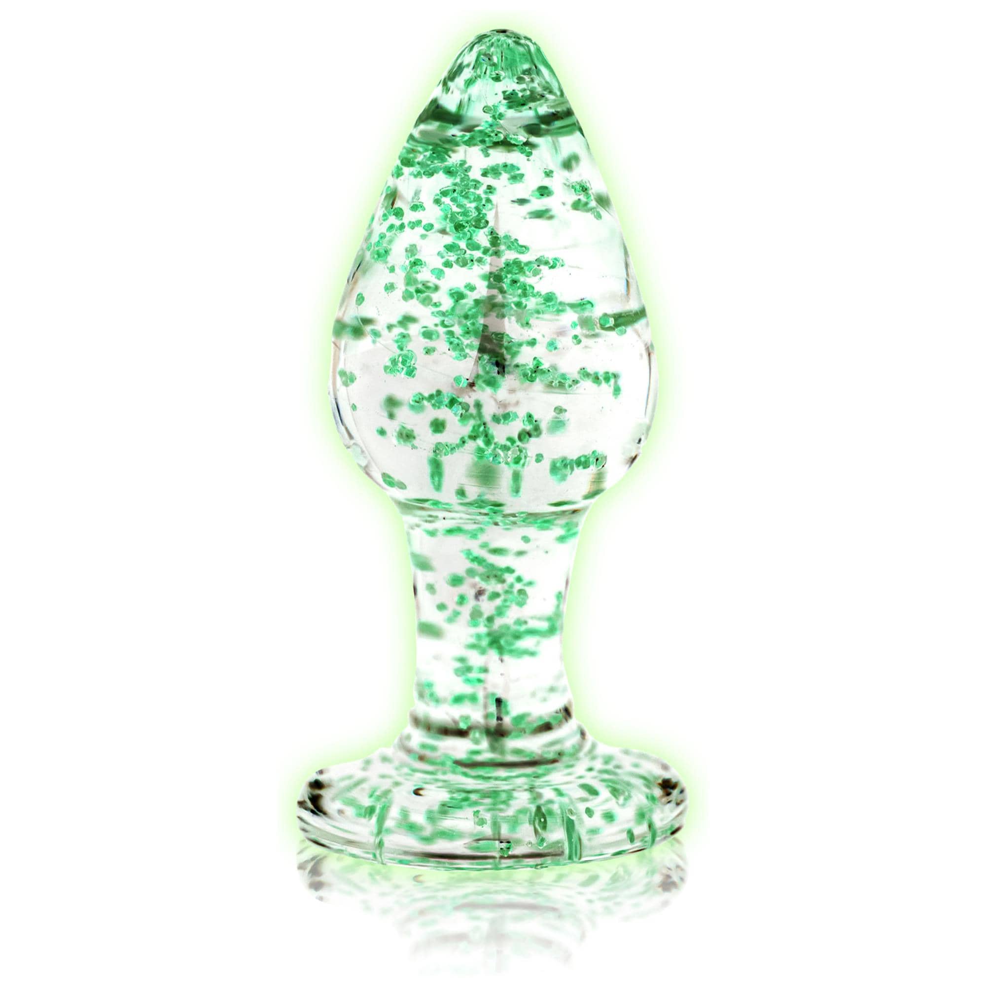 Glass Butt Plug Glow in the Dark (S) från Ouch, sedd framifrån mot vit bakgrund