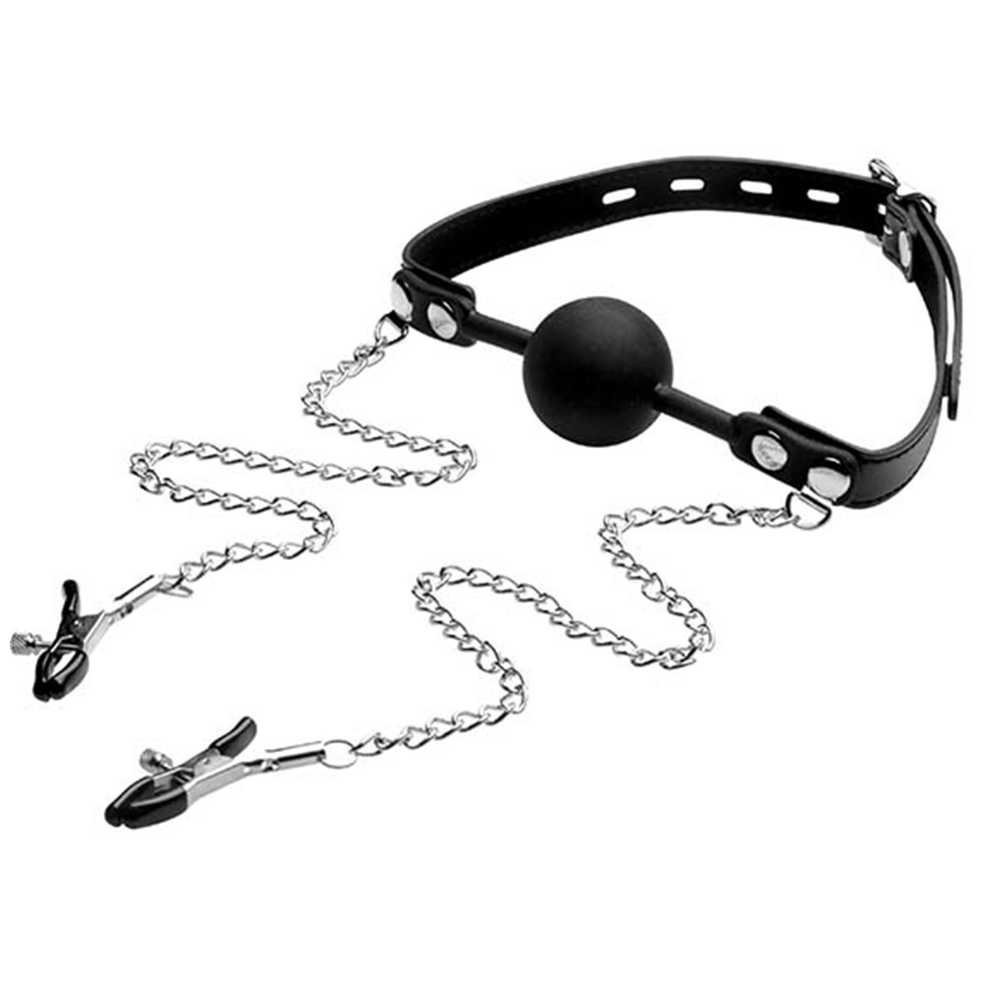 Silicone Ball Gag with Nipple Clamps från XR Brands, sett framifrån