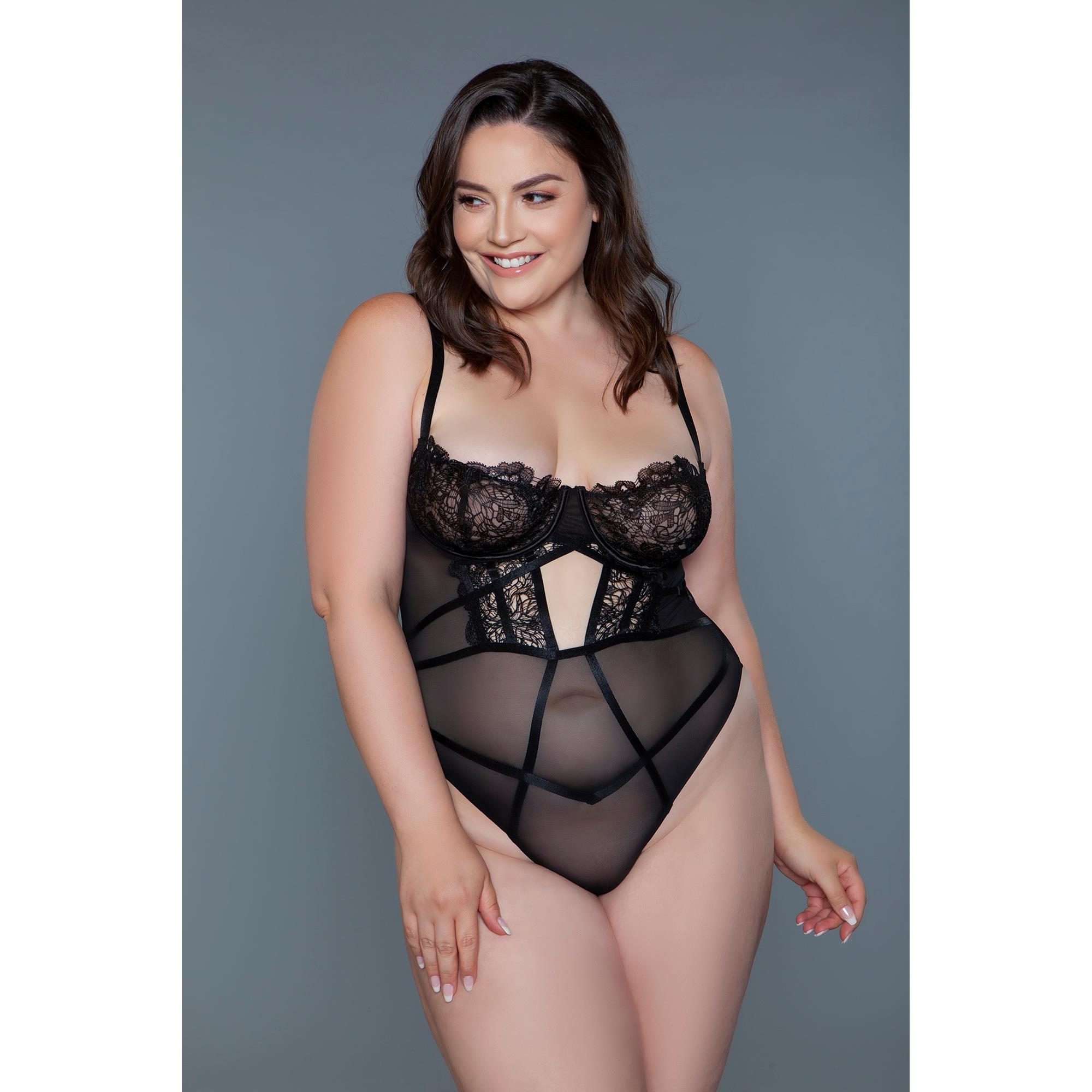 BeWicked Cameryn Bodysuit Black 3X, svart meshbody med spetskupor