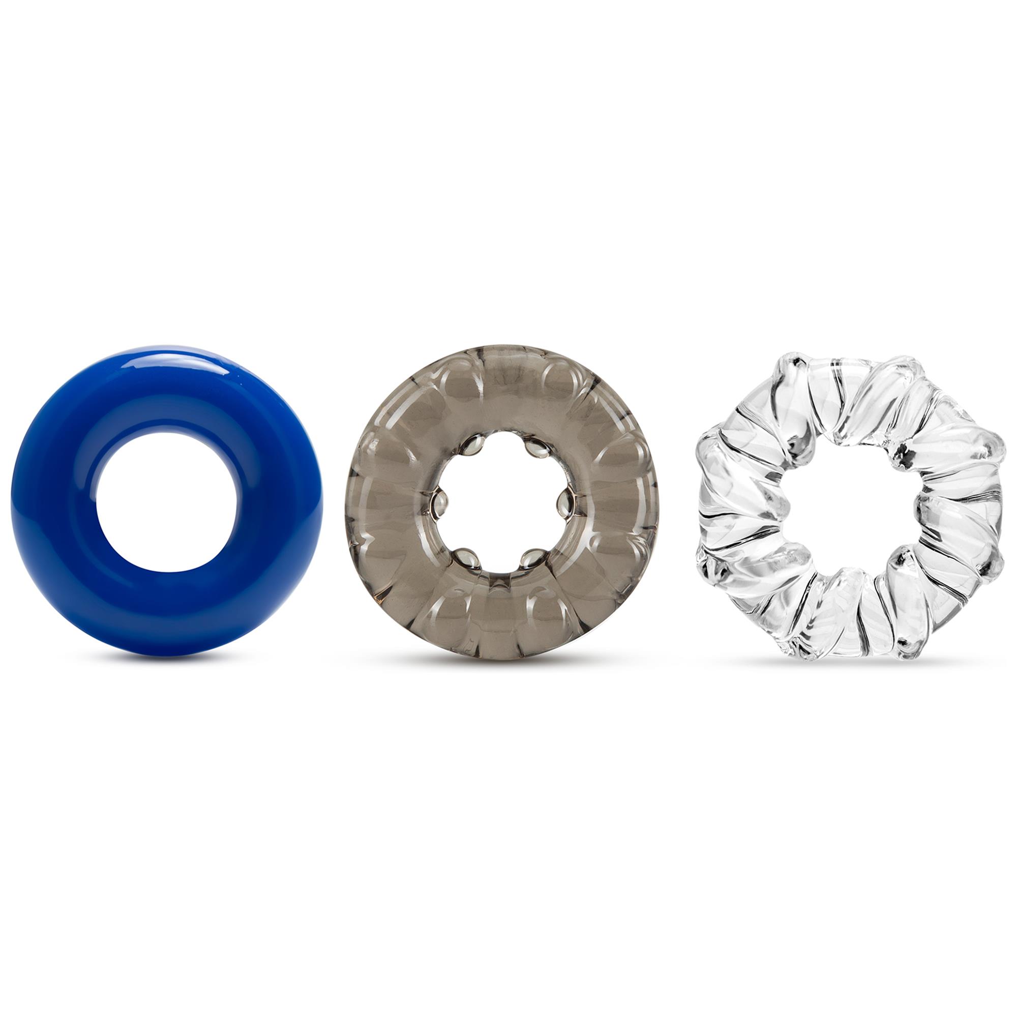 Stay Hard Triple Stretch 3pack Cockrings från Blush, tre penisringar i TPE med olika texturer