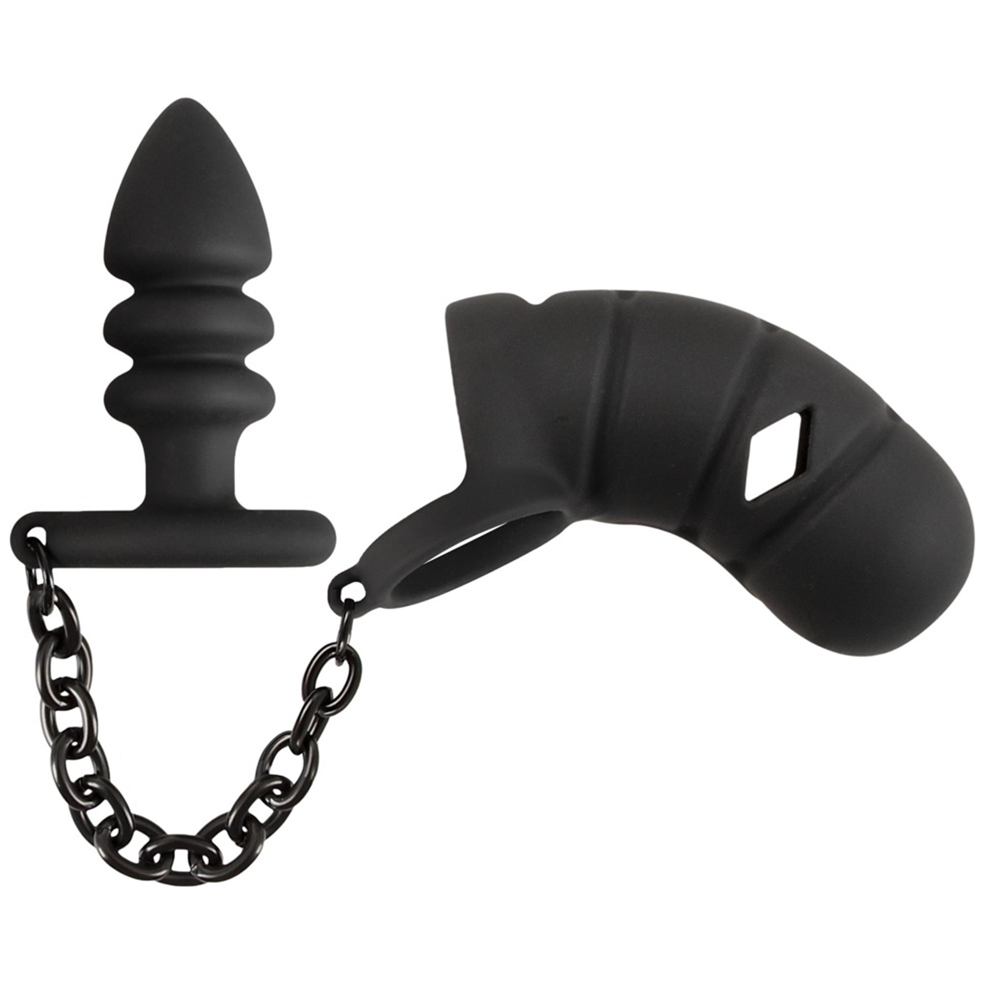Cock Cage With Butt Plug Black från Black Velvets, svart silikon kukbur med analplugg och metallkedja
