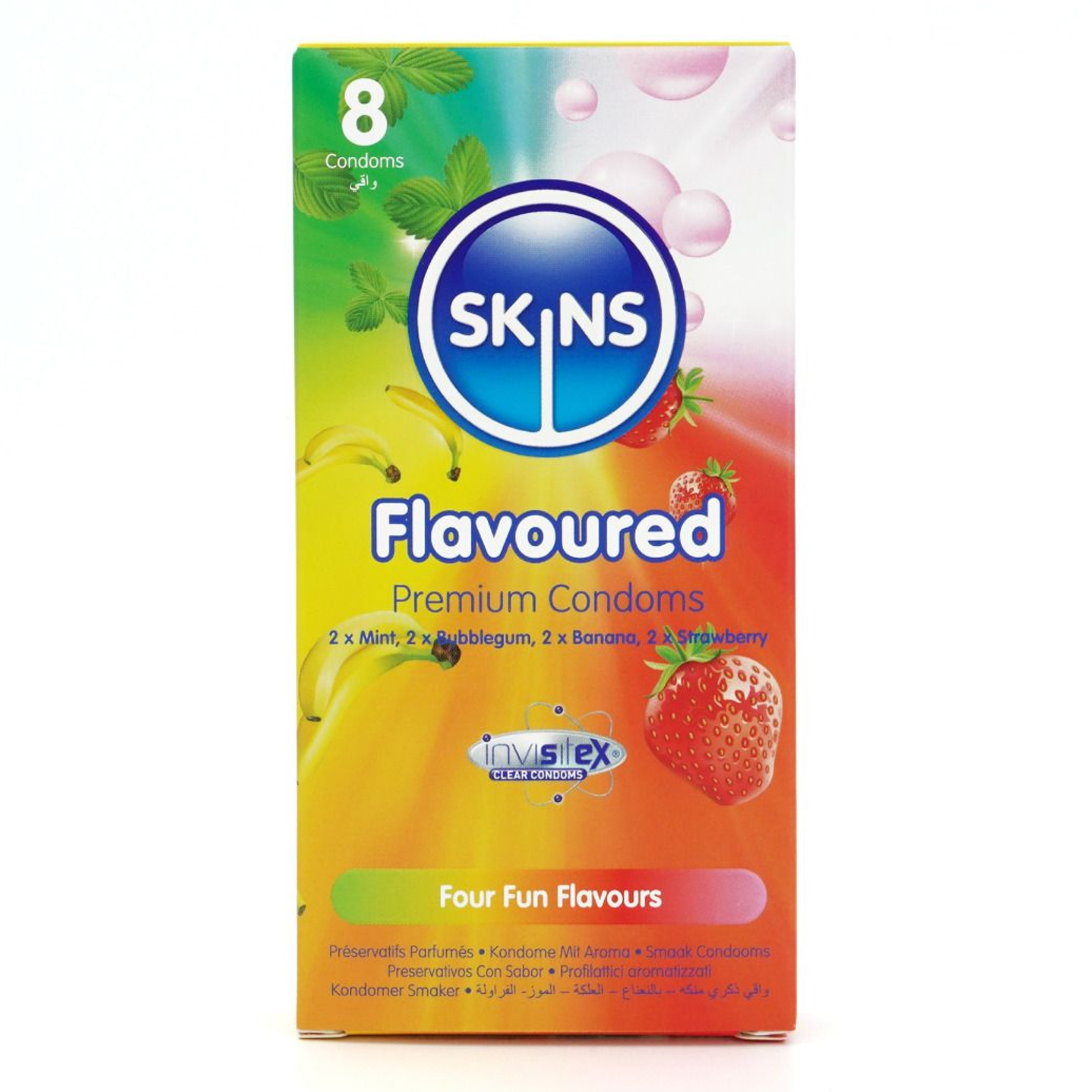 Skins Condoms Flavours 8-pack – smaksatta kondomer i banan, bubbelgum, mint och jordgubbe