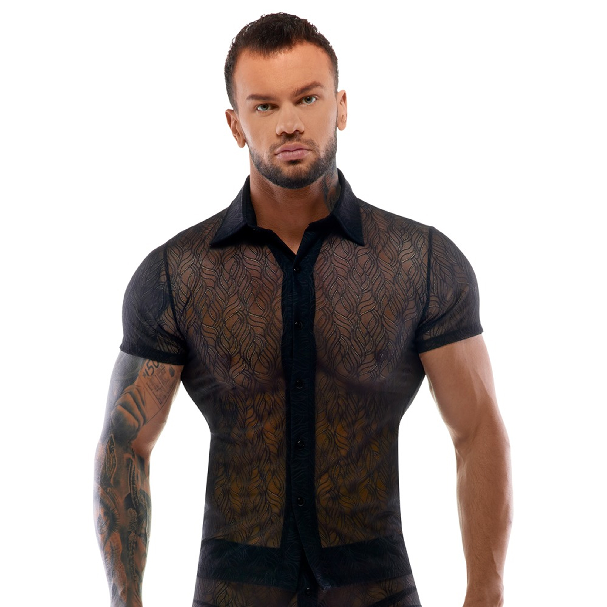 Svenjoyment Men's Shirt Buttons Transparent L, herrskjorta i genomskinligt spetsmaterial