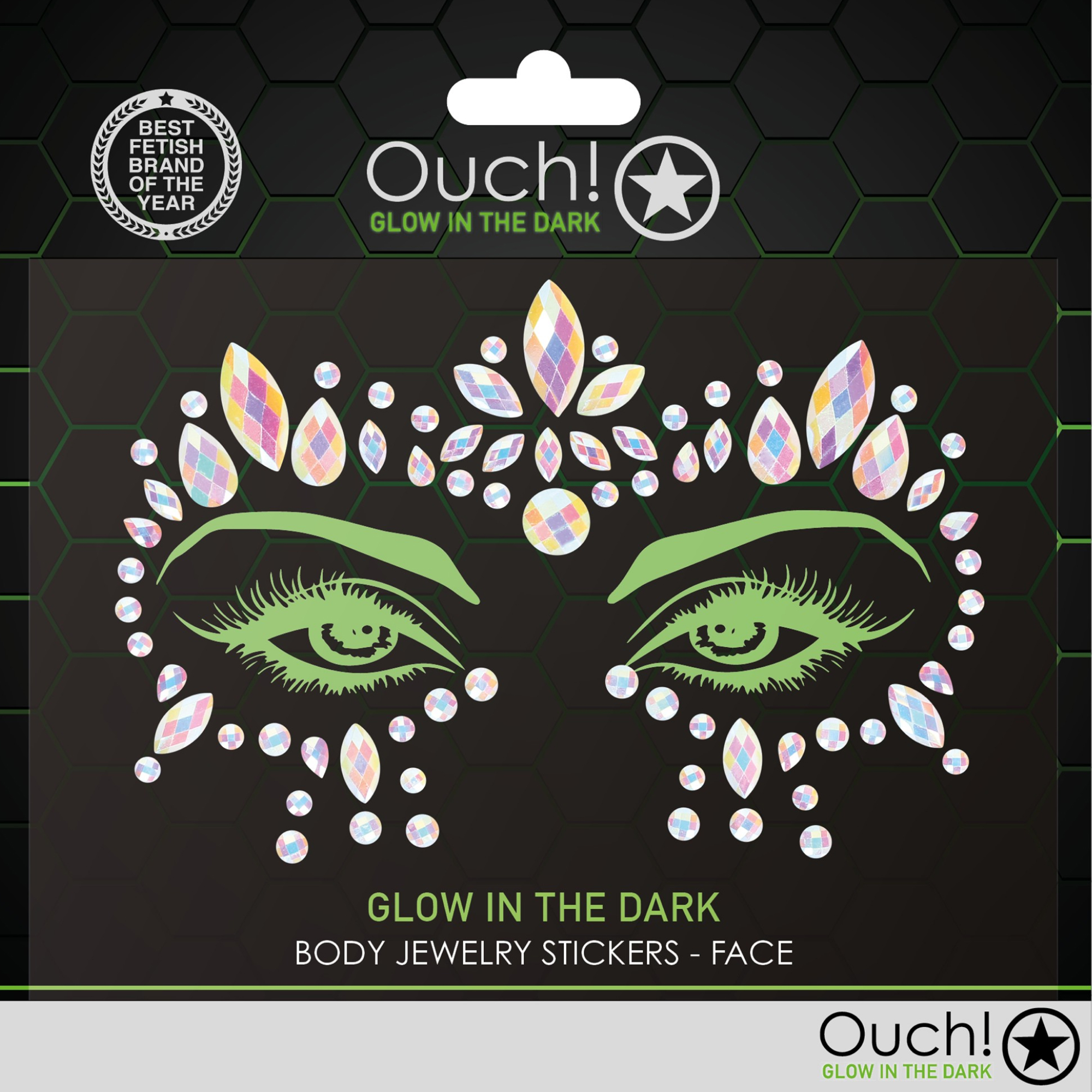 Ouch! Body Jewelry Stickers Face - 3, självlysande ansiktssticker i resin