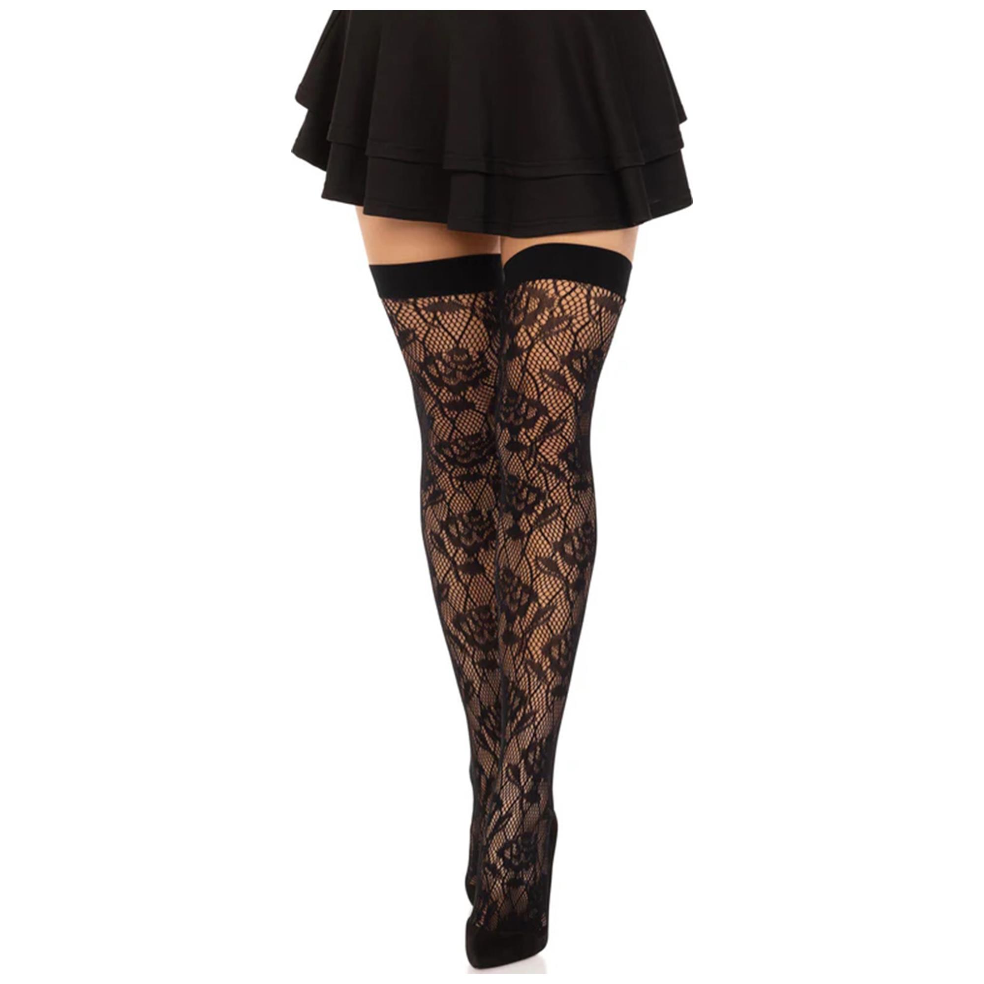 Wild Rose Net Thigh Highs Black från Leg Avenue, svart blommig nätspets stay-up