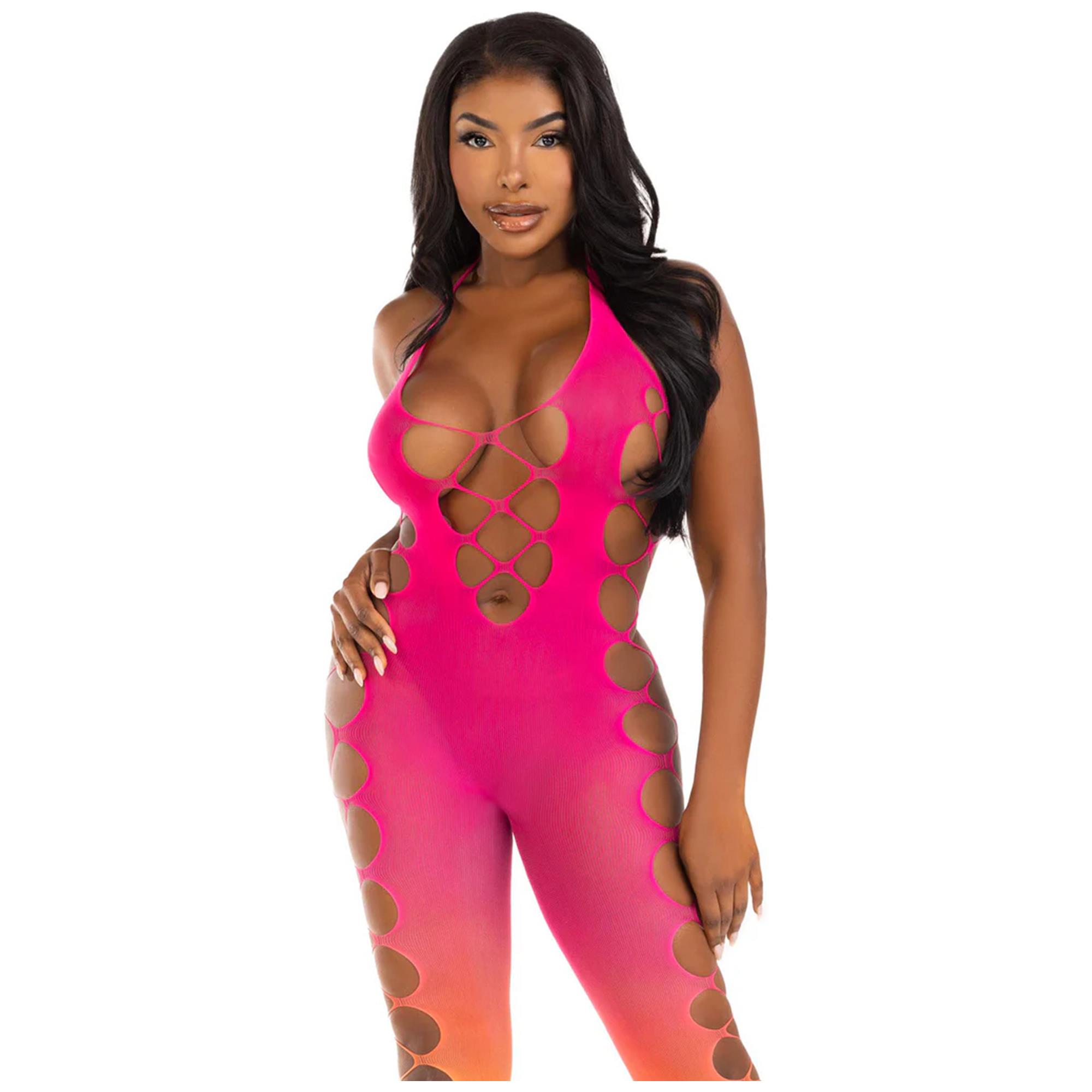 Ombre Footless Bodystocking Pink från Leg Avenue, dip-dye-design med halterneck och utskärningar