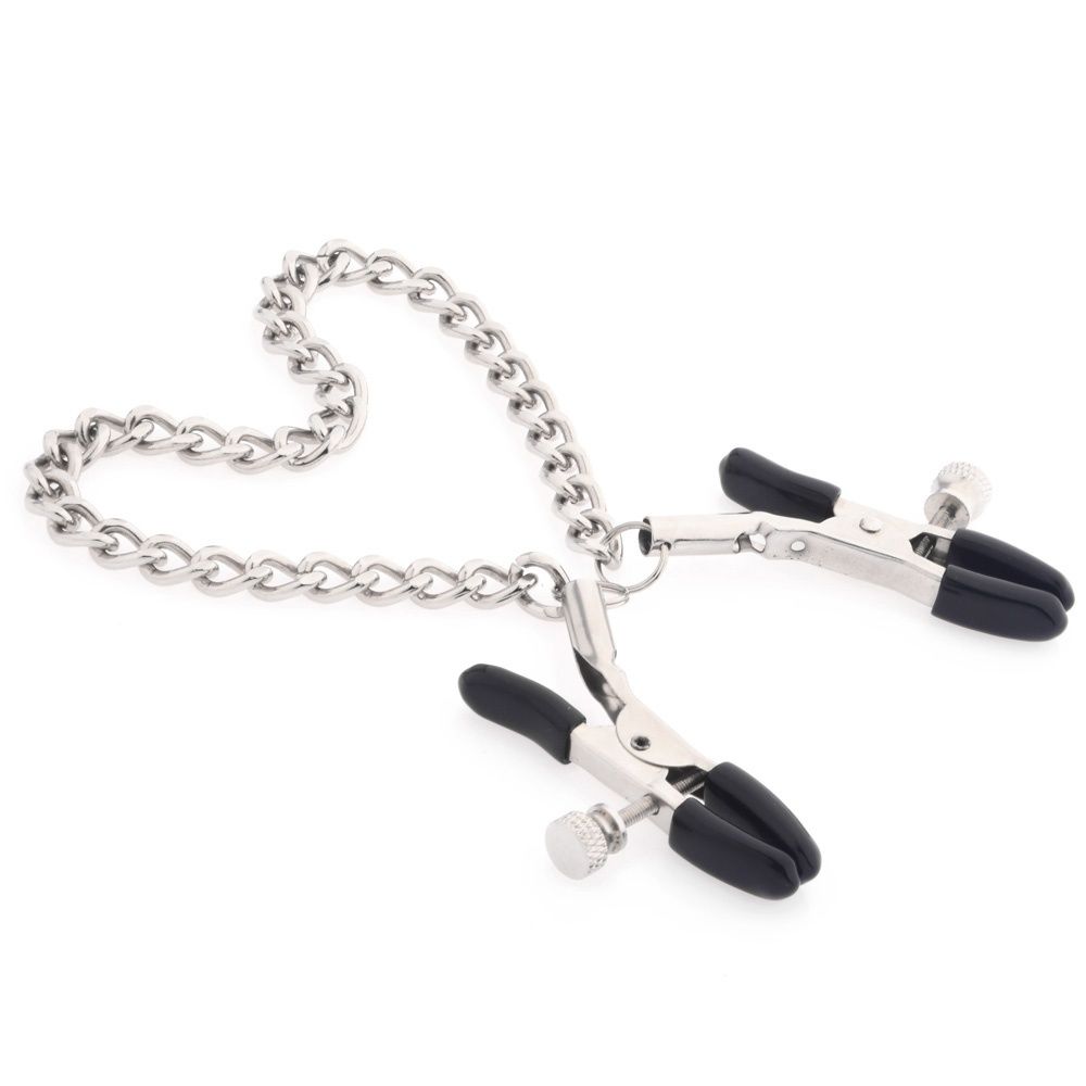 Cave Master Nipple Clamps with Chain – metallklämmor med silverfärgad kedja och svart gummi