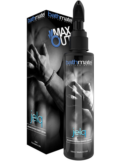 Bathmate Max Out 100ml jelqing-serum, vit flaska mot neutral bakgrund