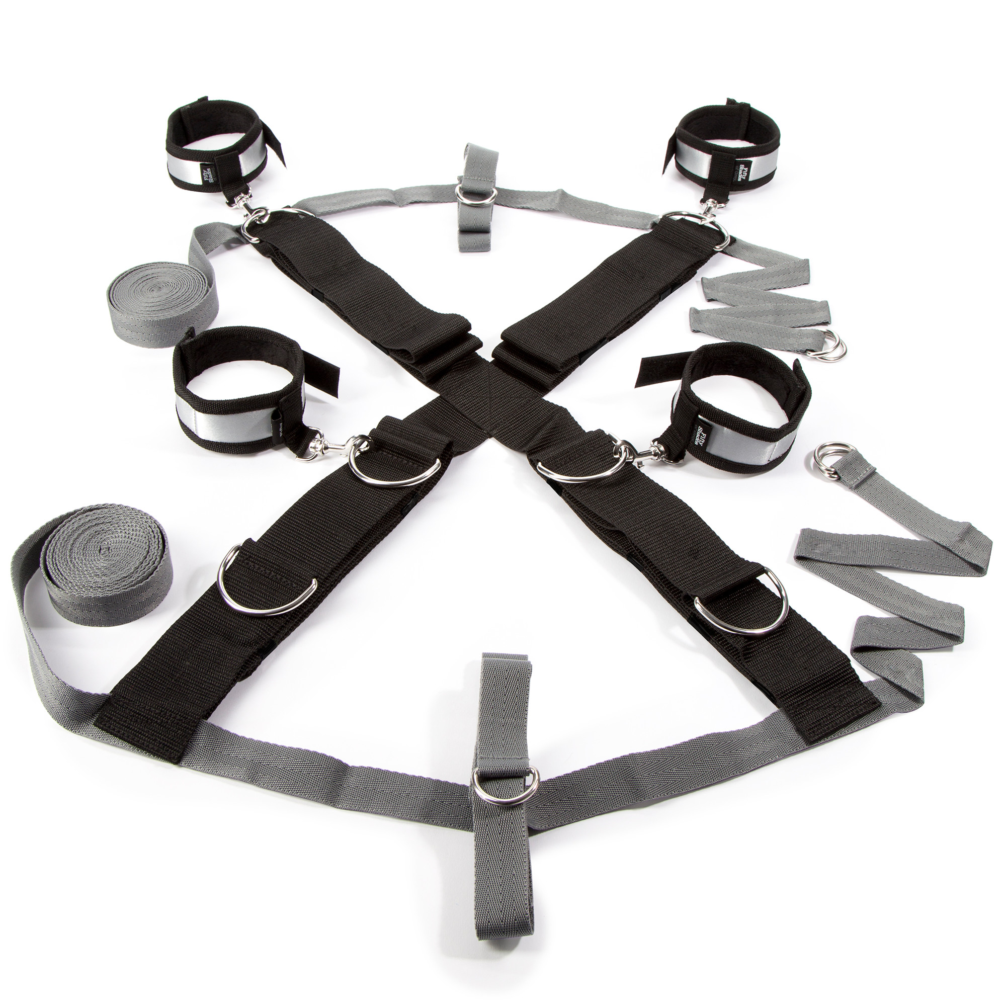 50 Shades Over The Bed Cross Restraint med remmar, manschetter och metallkrokar