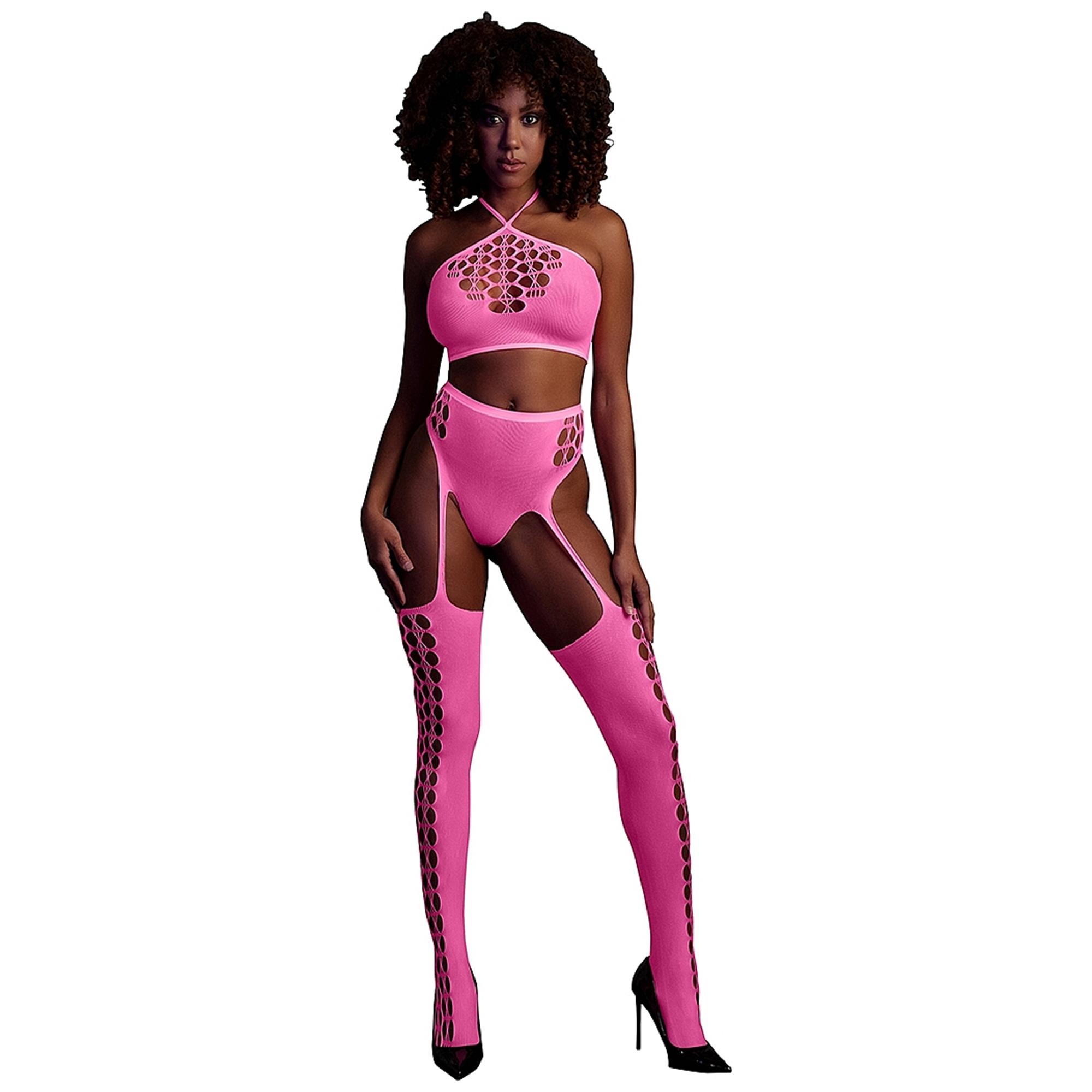 Glow In The Dark Two Piece med crop top och strumpor i neonrosa från Ouch