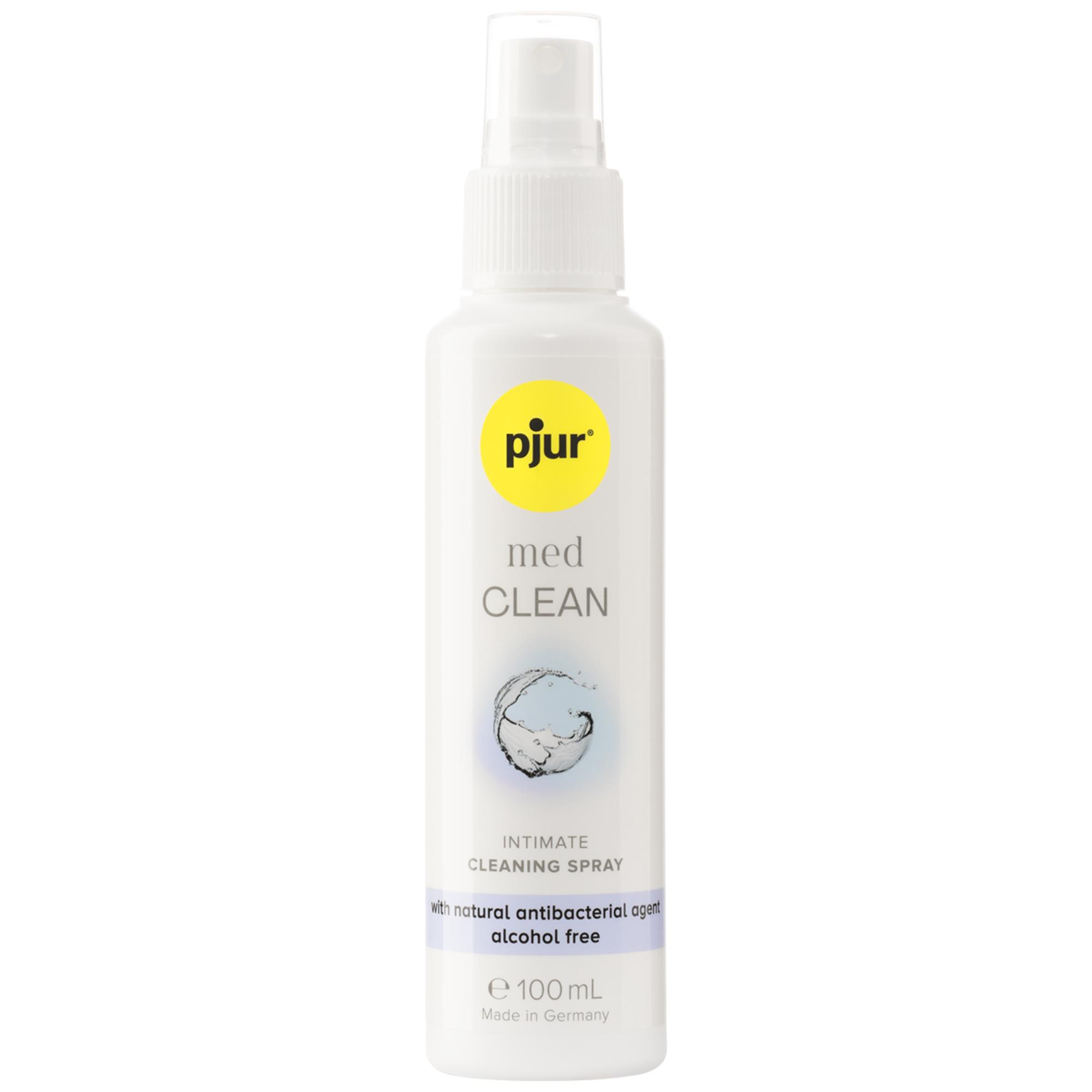 Pjur Med Clean Spray 100 ml flaska med pumpspray mot vit bakgrund