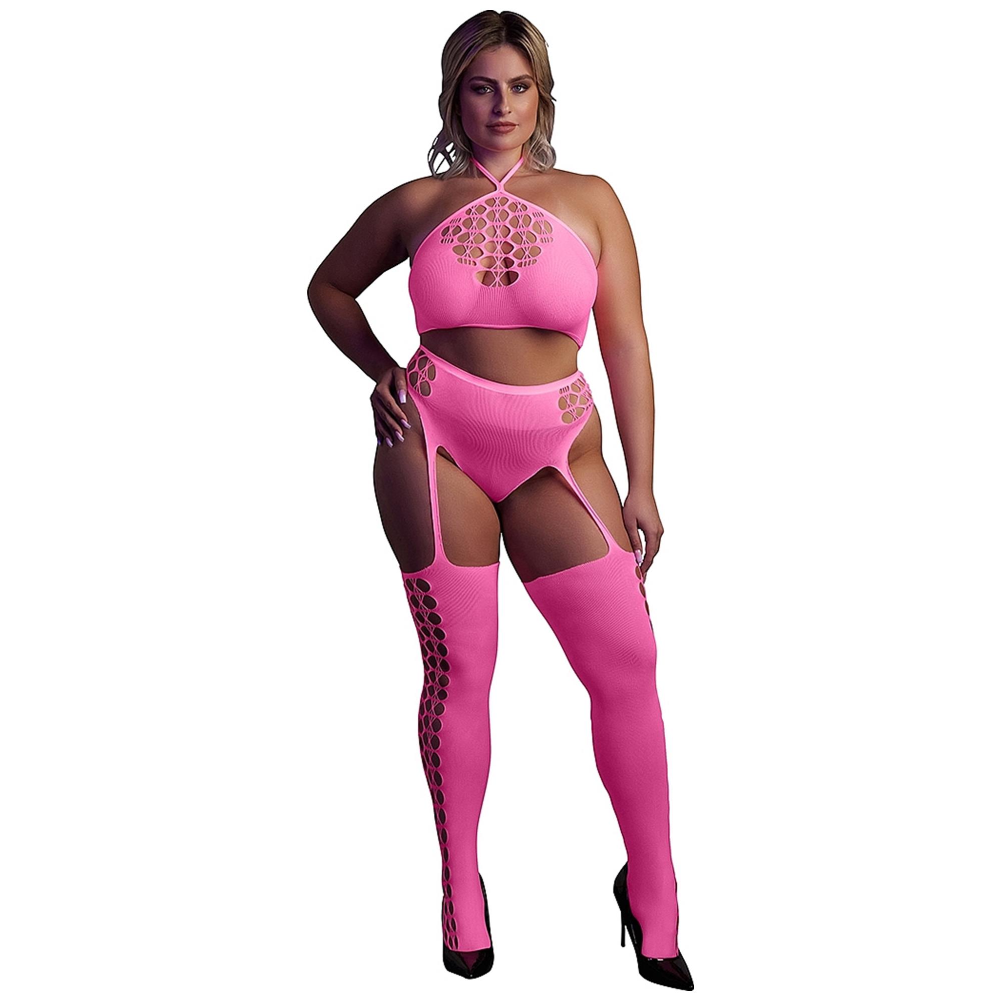 Glow In The Dark Two Piece With Crop Top And Stockings Pink OSX från Ouch