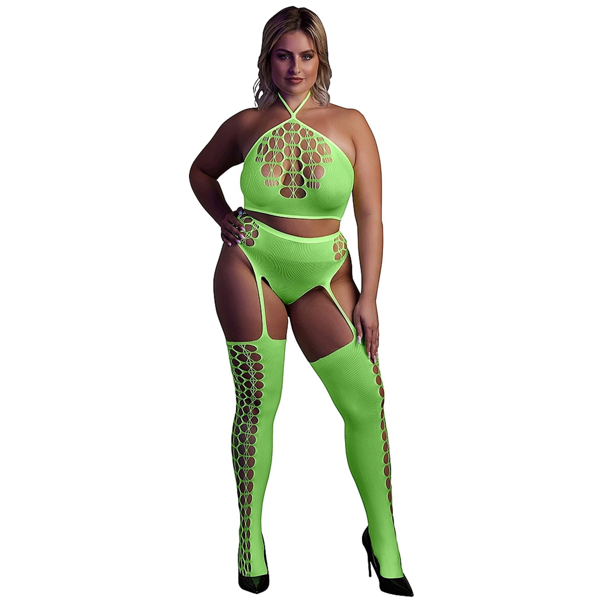 Ouch Glow In The Dark Two Piece med crop top och strumpor i neongrön, OSX